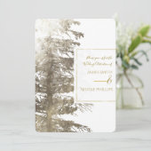 Golden & White Glam Pine Tree Rustikale Wald Hochz Einladung (Stehend Vorderseite)