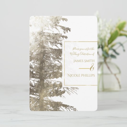 Golden & White Glam Pine Tree Rustikale Wald Hochz Einladung (Stehend Vorderseite)