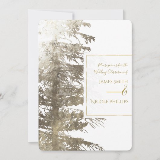 Golden & White Glam Pine Tree Rustikale Wald Hochz Einladung (Vorderseite)