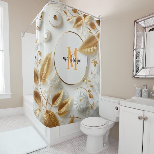 Golden White Luxe Orange Monogram Modernes Skript Duschvorhang