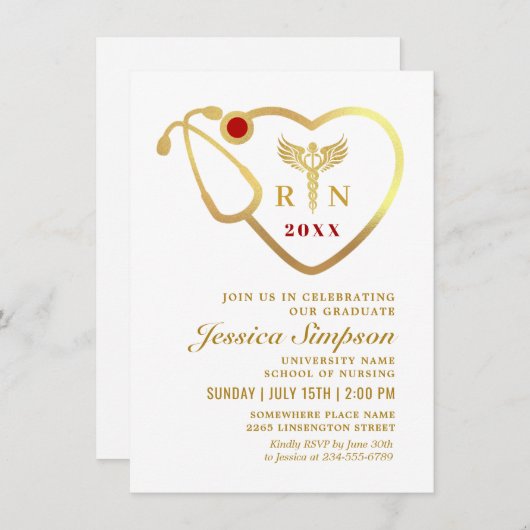 Golden White Modern Nursing School Abschluss Einladung (Vorne/Hinten)