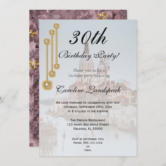 Golden & White Pearl Juwelen in Venedig Zum Geburt Einladung (Vorne/Hinten)