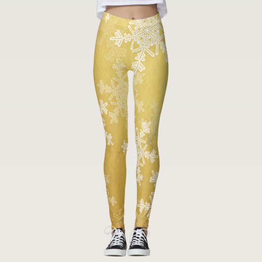 Golden White Snowflakes Minimalistisch Weihnachten Leggings (Vorderseite)