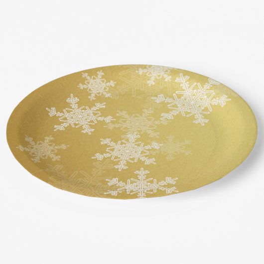 Golden White Snowflakes Minimalistisch Weihnachten Pappteller (Schrägansicht)