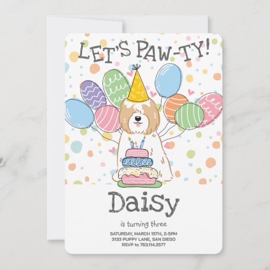 Golden White Tibeter Terrier Dog Birthday Party Einladung (Vorderseite)