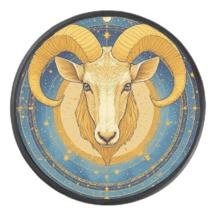 ♈ Golden Widder Blue Shield Zodiac Hockey Puck ✨
