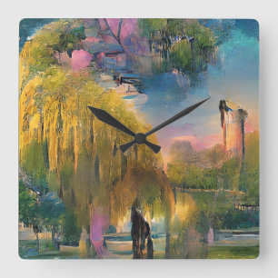 Golden Willow tree bei Sonnenuntergang am Teich ab Quadratische Wanduhr