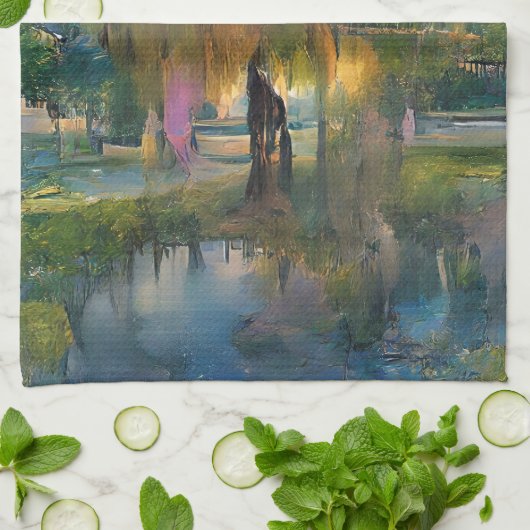 Golden Willow tree bei Sonnenuntergang am Teich Geschirrtuch (Gefaltet)