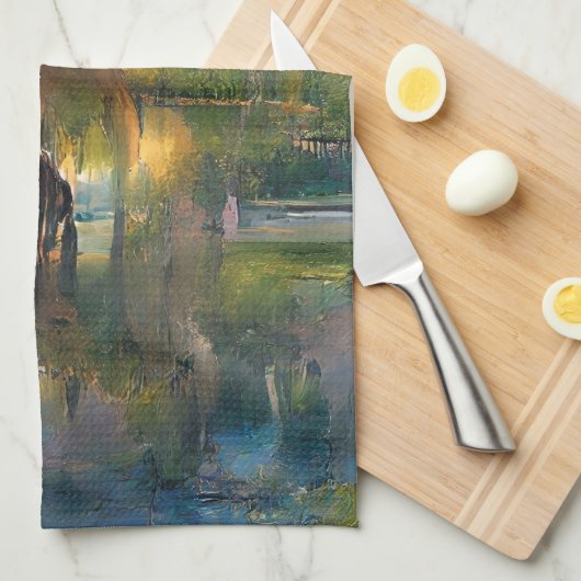 Golden Willow tree bei Sonnenuntergang am Teich Geschirrtuch (Viertel Falte)