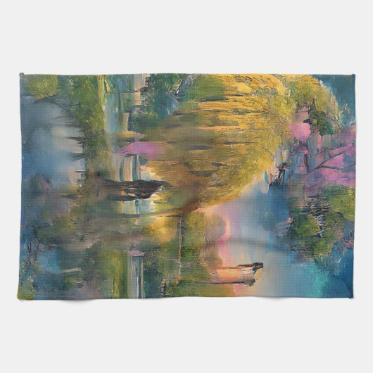 Golden Willow tree bei Sonnenuntergang am Teich Geschirrtuch (Horizontal)