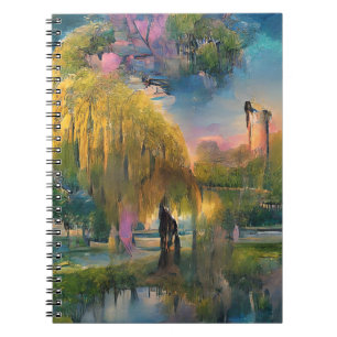 Golden Willow tree bei Sonnenuntergang am Teich Notizblock