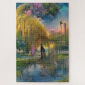 Golden Willow tree bei Sonnenuntergang am Teich Puzzle (Vertikal)