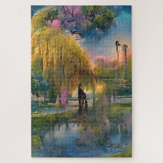 Golden Willow tree bei Sonnenuntergang am Teich Puzzle (Vertikal)