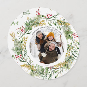 Golden Winter Greenery Wreath Runde Foto Urlaub Feiertagskarte