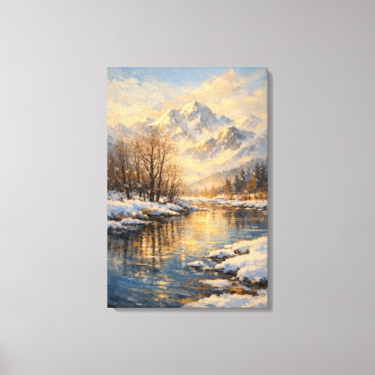 Golden Winter River Serenity – Oil Painting Leinwanddruck (Vorderseite)