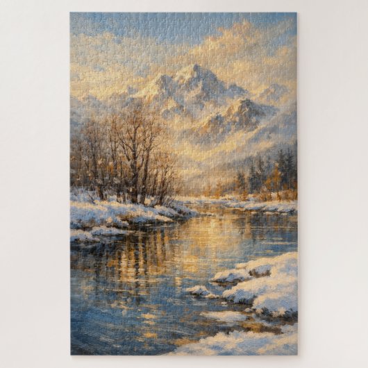 Golden Winter River Serenity – Oil Painting Puzzle (Vertikal)