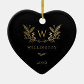 Golden Winter Sprigs Monogram Black Keramik Ornament (Vorne)