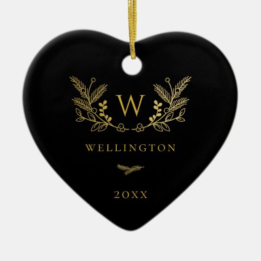 Golden Winter Sprigs Monogram Black Keramik Ornament (Vorne)