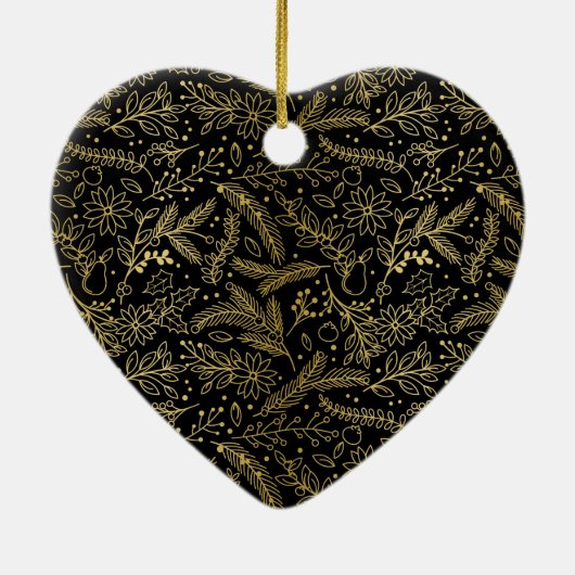 Golden Winter Sprigs Monogram Black Keramik Ornament (Hinten)