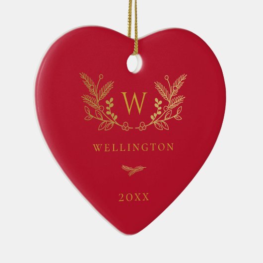 Golden Winter Sprigs Monogram Red Keramik Ornament (Rechts)