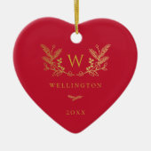 Golden Winter Sprigs Monogram Red Keramik Ornament (Vorne)