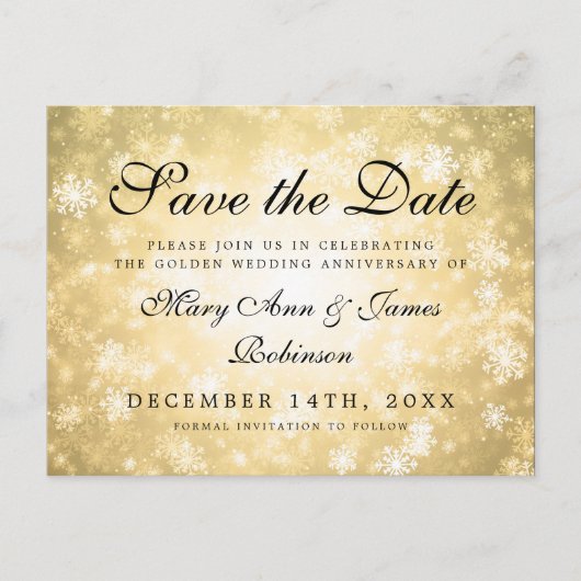 Golden Winter Wonderland Jubiläum Save the Date Ankündigungspostkarte (Vorderseite)
