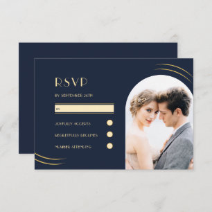 Golden Wisps Dark Blue Foto Wedding RSVP Karte