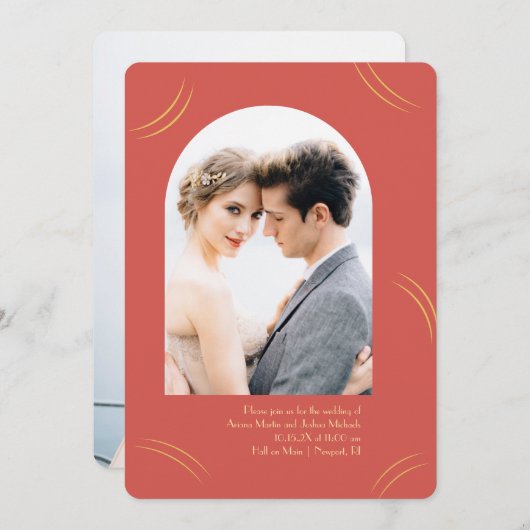 Golden Wisps Zwei-Foto-Rote Hochzeit Einladung (Vorne/Hinten)