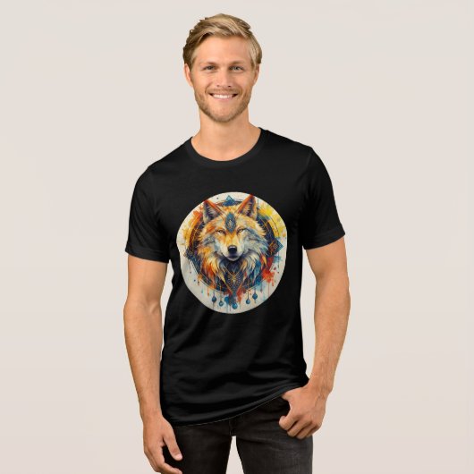 Golden Wolf with Tribal Mandala Design Tri-Blend Shirt (Vorderseite voll)