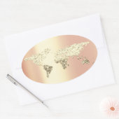 Golden World Map Destination Earth Globe Coral Ovaler Aufkleber (Umschlag)