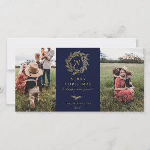 Golden Wreath Monogram Holiday 2 Foto Card Blau Feiertagskarte