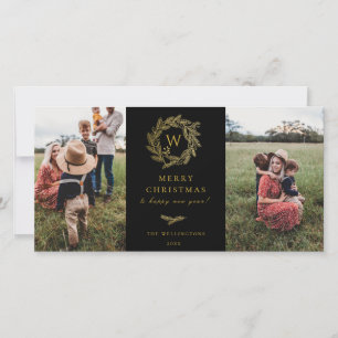 Golden Wreath Monogram Holiday 2 Foto Card Schwarz Feiertagskarte