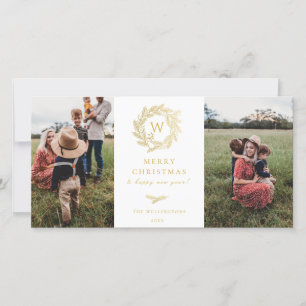Golden Wreath Monogram Holiday 2 Foto-Karte Feiertagskarte