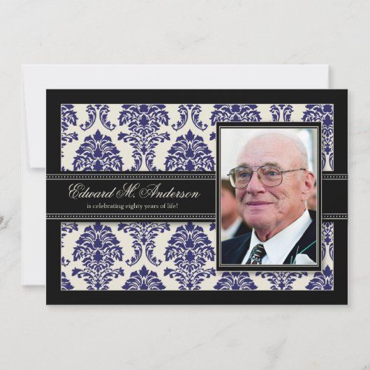 Golden Years Damask Birthday Party Invite (Marine) Einladung (Vorderseite)