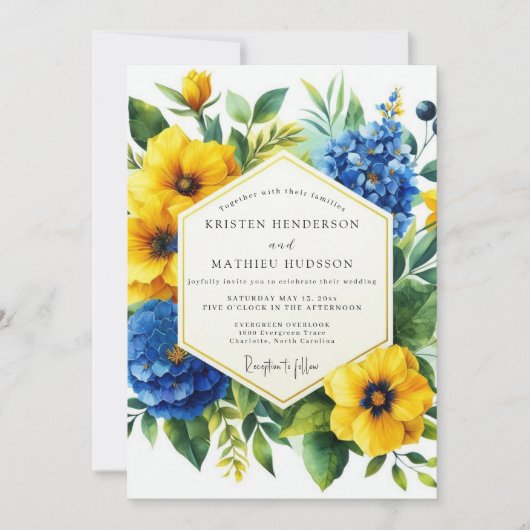 Golden Yellow Blue Bloom Wedding Einladung (Vorderseite)