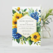 Golden Yellow Blue Bloom Wedding Einladung (Stehend Vorderseite)