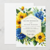 Golden Yellow Blue Bloom Wedding Einladung (Vorne/Hinten)
