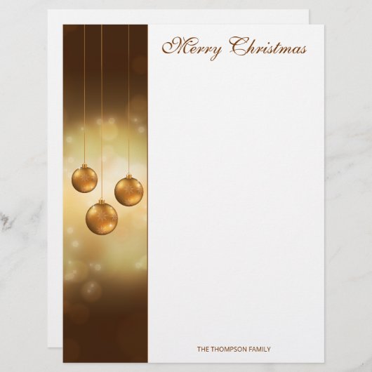 Golden Yellow Christmas Baubles on Yellow Bokeh Briefbogen (Vorne/Hinten)