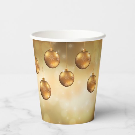 Golden Yellow Christmas Baubles on Yellow Bokeh Pappbecher (Rückseite)
