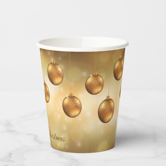 Golden Yellow Christmas Baubles on Yellow Bokeh Pappbecher (Links)