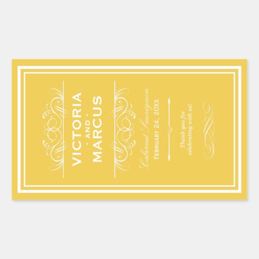 Golden Yellow Elegante Wedding Monogram Wine Flasc Rechteckiger Aufkleber (Vorderseite)