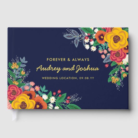 Golden Yellow Floral Navy Boho Gold Hochzeit Gästebuch (Vorderseite)