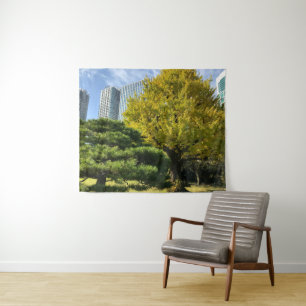 Golden Yellow Ginkgo and Pine Tree Wandteppich