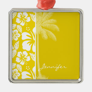 Golden Yellow Hawaiian Tropical Palm Silbernes Ornament