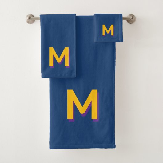 Golden Yellow Monogram on Dark Blue Bath Towel Set (Insitu)