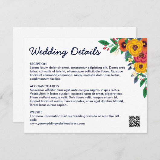 Golden Yellow Navy Blue Boho Bouquet QR Code Begleitkarte (Vorne/Hinten)