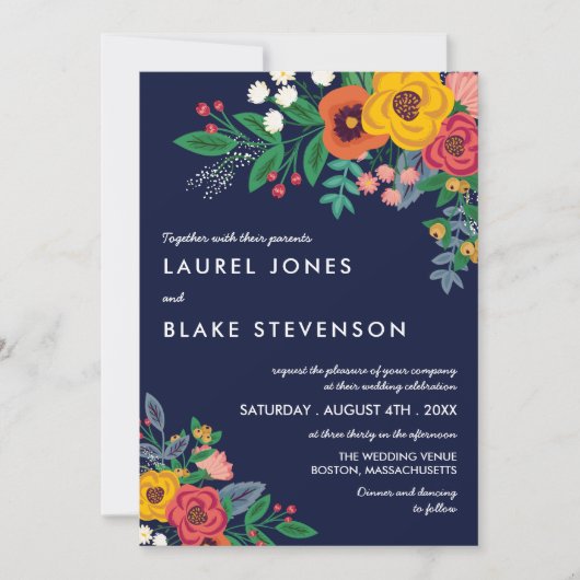 Golden Yellow Navy Bohemisch Bouquet Einladung (Vorderseite)