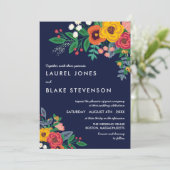 Golden Yellow Navy Bohemisch Bouquet Einladung (Stehend Vorderseite)