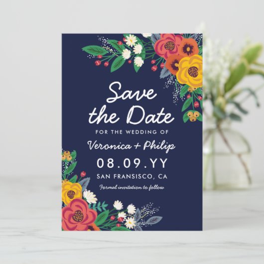 Golden Yellow Navy Bohemisch Bouquet Save The Date (Stehend Vorderseite)