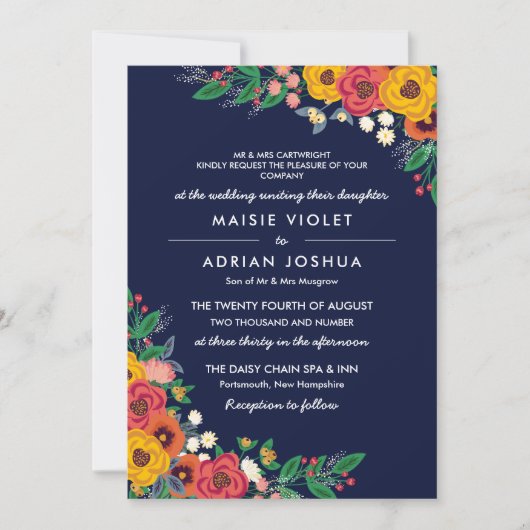 Golden Yellow Navy Boho Floral Parents Hosting Einladung (Vorderseite)